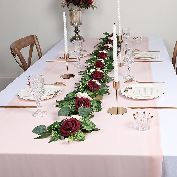 ponatia 6.5FT Handcrafted Artificial Rose Flower Garland, Eucalyptus Greenery Garland for Wedding Ceremony Garlands Backdrop Arch Flowers, Reception Table Decorations (Burgundy & Ivory Cream)