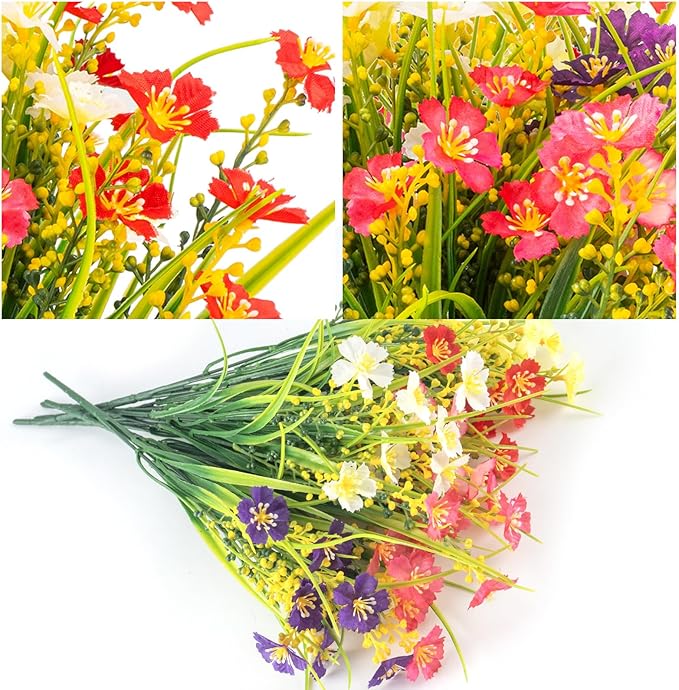 12 Bundles Artificial Outdoor Flowers Lifelike UV Resistant Fake Plastic Plants Indoor Outside Hanging Plants Garden Porch Window Box Decor (Mix 6 Colors)