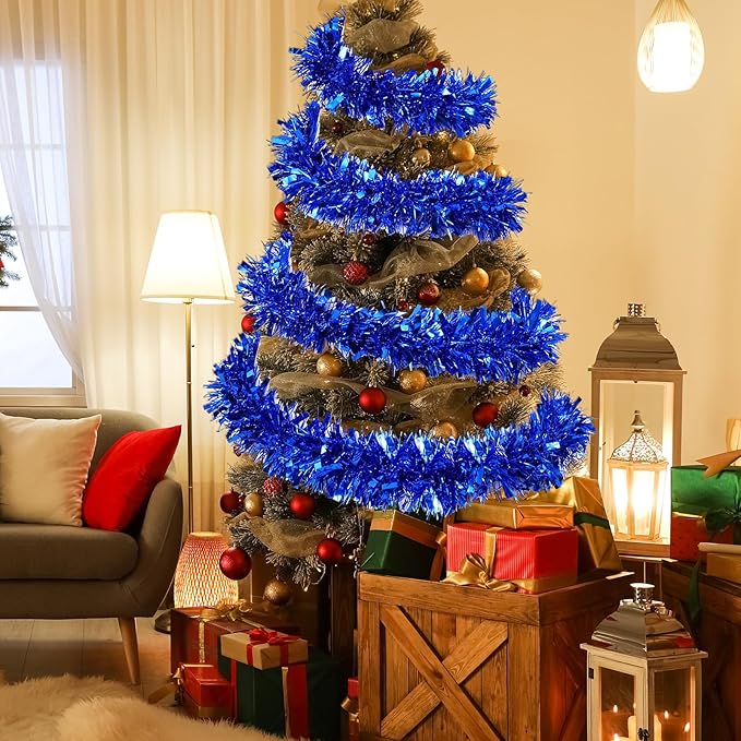 72 Feet Christmas Tinsel Garland Shiny Metallic Tinsel Twist Garland Streamers Ornaments Long Glitter Christmas Tree Hanging Decorations for Party Holiday Wedding Birthday Tree Wall Rail (Blue)