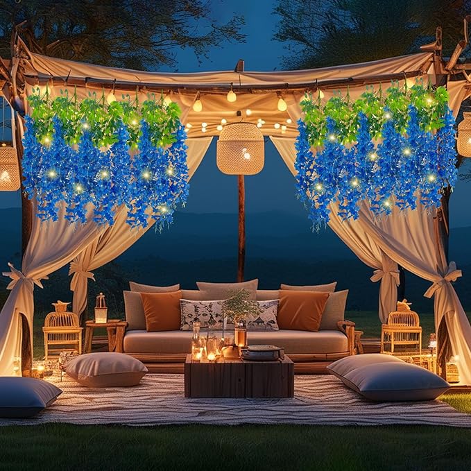 12 Pack Royal Blue Wisteria Hanging Flowers Garland with Lights, 3.44 Feet Artificial Flower Vines, Fake Wisteria, Artificial Vines Hanging Garland for Backdrop Outdoor Patio Garden Decor