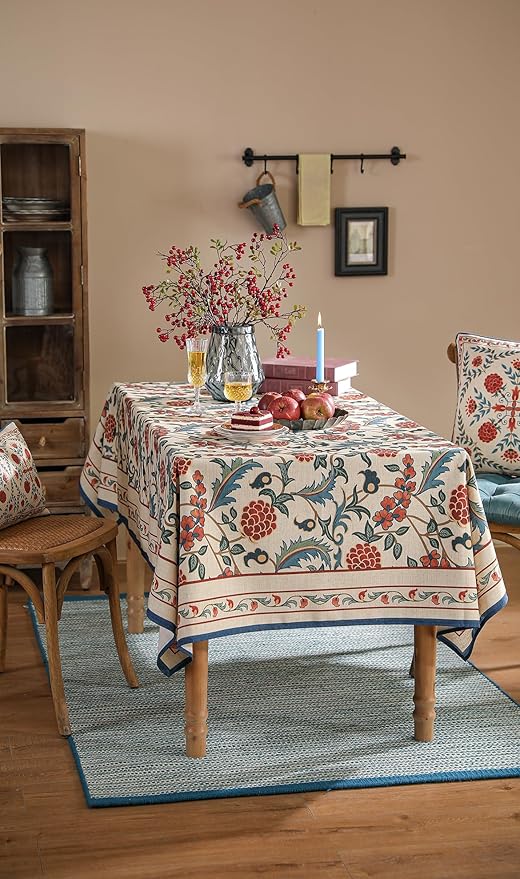 patdrea Designer Vintage Linen Tablecloth for Rectangle Table,French Soft Durable Floral Tablecloths,Colorful Table Cover for Kitchen Dining,Parties,Christmas,Thanksgiving,Party,55"x79"-Puno
