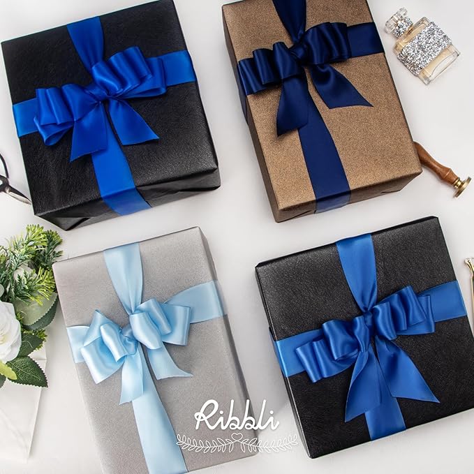 Ribbli Blue Satin Ribbon 1-1/2 Inch x 4 Rolls Total 40 Yards- Baby Blue/Royal Blue/Electric Blue/Navy Ribbon for Gift Wrapping Craft Wedding Decoration