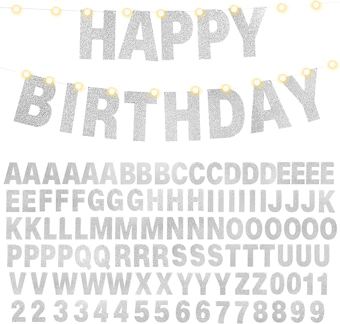 TaoBary 112 Pcs DIY Letter Kit Glitter Customizable Banner Letters Include 107 Letters and Numbers 3 Rope and 2 Needles for Birthday Halloween Christmas Wedding Valentine Party Decor(Silver)