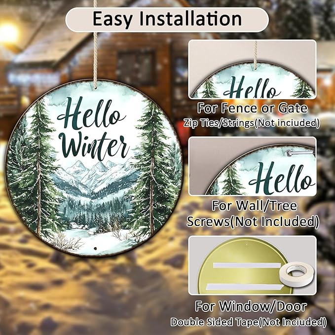 Round Christmas Metal Tin Sign Hello Winter Sign Christmas Pine Trees Welcome Door Sign Xmas Winter Holiday Farmhouse Rustic Wreath Sign for Indoor Outdoor Home Wall Window Decor 12*12 in