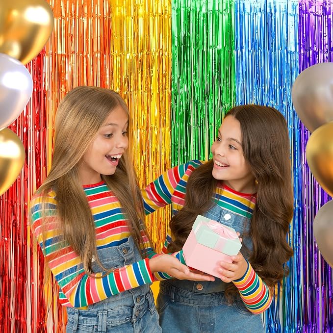 10 Pack Rainbow Backdrop Curtain 3.2ft x 8.2ft Metallic Tinsel Foil Fringe Curtains Photo Booth Background for Birthday Party Decoration Baby Shower Engagement Wedding Christmas Decoration (Rainbow)