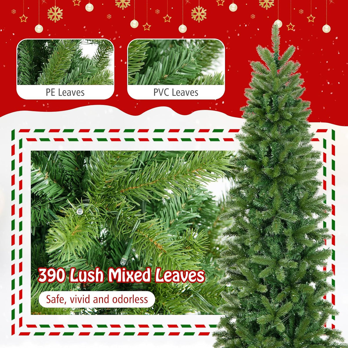 goplus 5ft pre-lit pencil christmas tree with 180, close-up detail