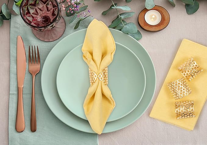 Gold Honeycomb Napkin Rings Set of 10 - Elegant Lightweight Metal Serviette Holders for Dining Table, Wedding, Party & Home Décor - CLEENTABLE