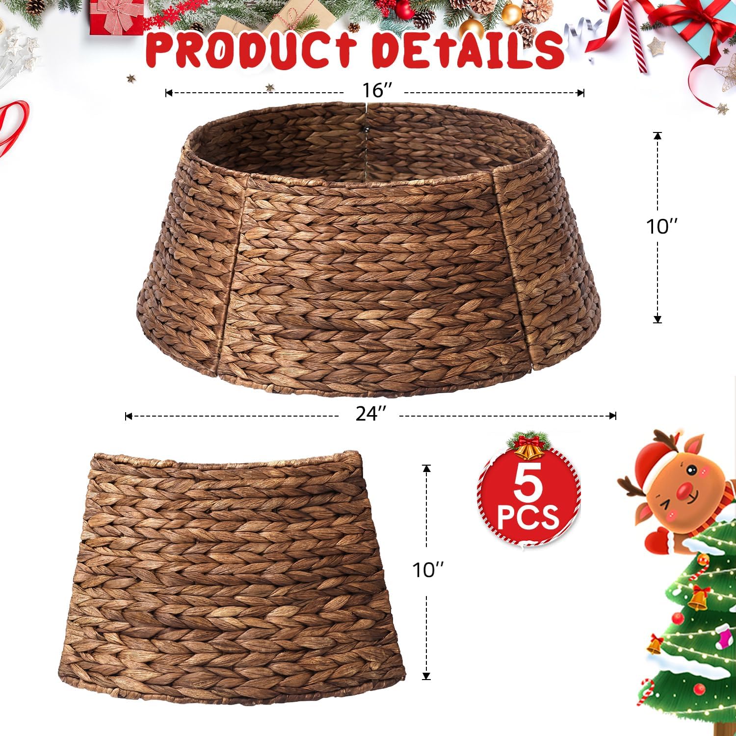 5-Piece Rattan Christmas Tree Collar - 24" Rustic Farmhouse Tree Skirt- Xmas Tree Base Cover for Christmas Decoration- Woven Holiday Tree Ring Accessory for Home, Living Room (Brown, 24 in)