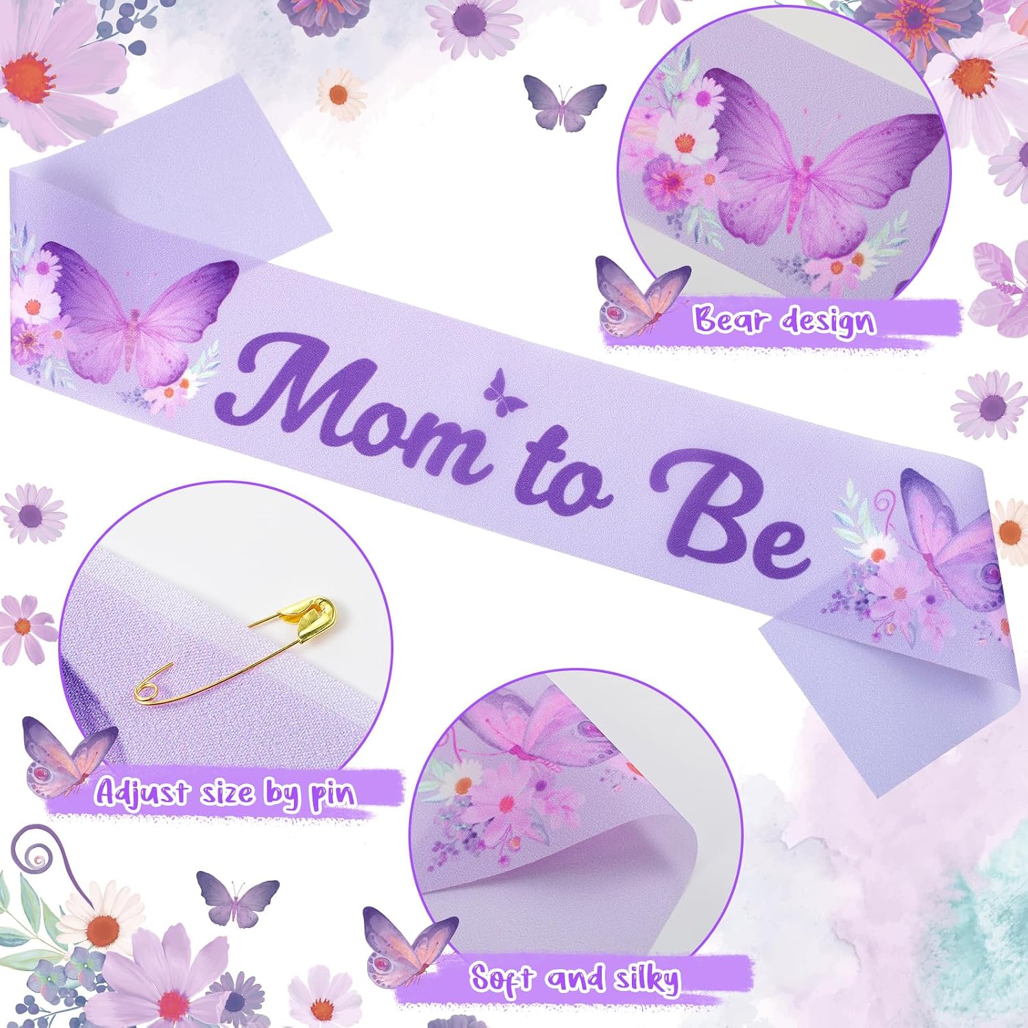 Chunful Butterfly Theme Mom to Be Sash Baby Shower Dad to Be Pin and Flower Crown Headband for Gender Reveals Party Baby Shower Party Favors Decorations for Girls Pregnancy Photo Props Gifts（Purple）