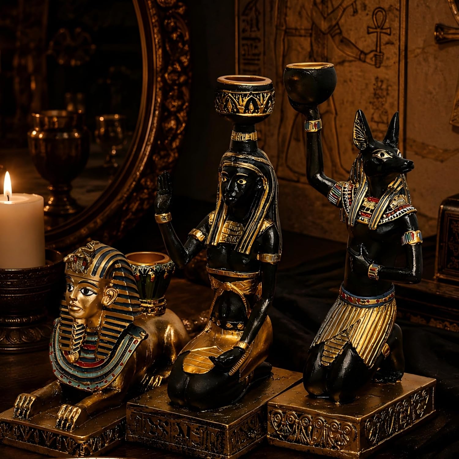 Egyptian Mythology Resin Candle Holder Set 3 Anubis Goddess Sphinx Decor