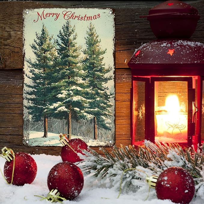 Vintage Christmas Decor Sign Christmas Tree Metal Tin Sign Merry Christmas Retro Tin Sign for Holiday Wall Decor Outdoor Cafe Living Room Bedroom 8x12Inch