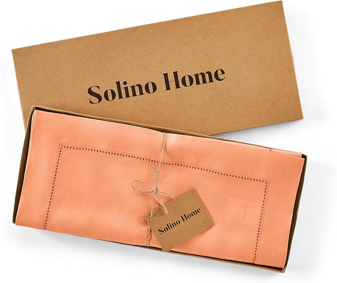 Solino Home Linen Coral Table Runner 72 Inches Long - 100% Pure Linen Hemstitch Table Runner 14 x 72 Inch for Dresser, Dining - Classic Hemstitch