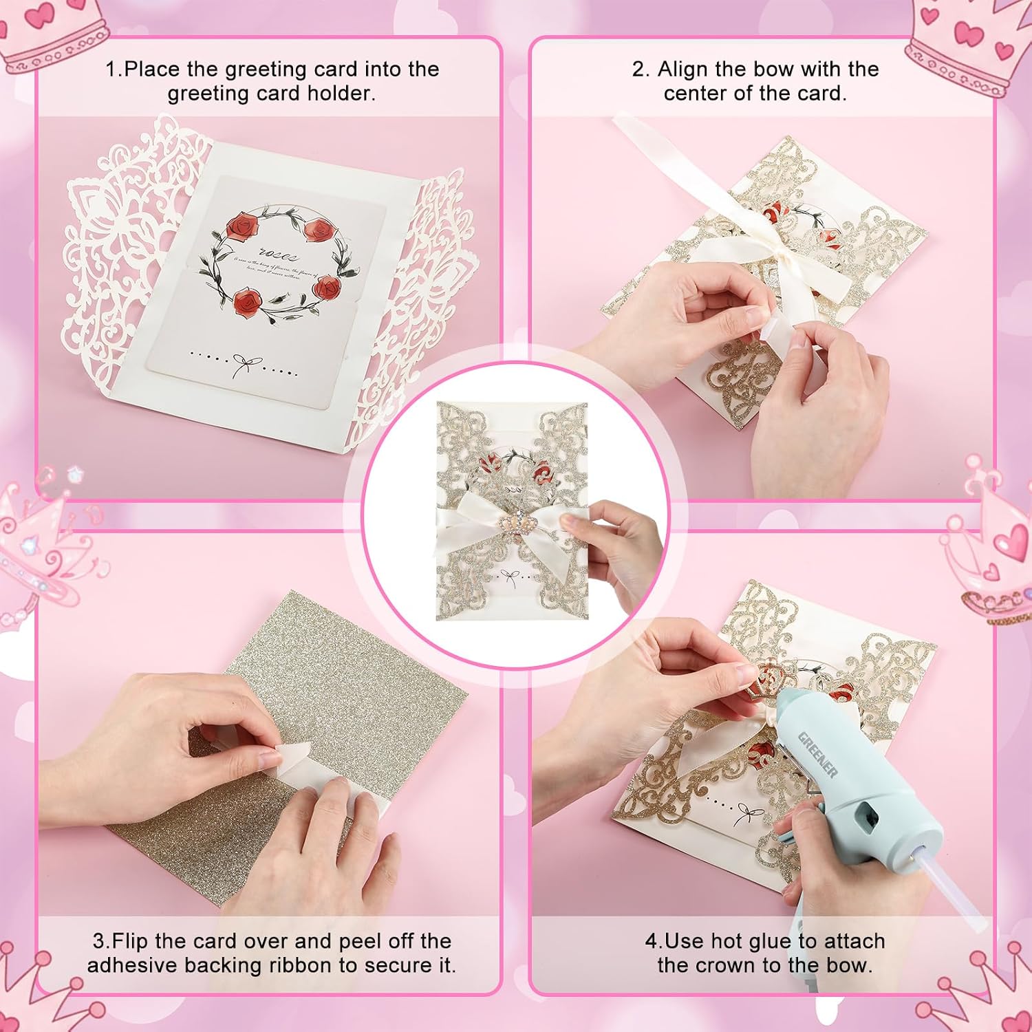 Affrolling 50 Set 5x7 Inch Wedding Invitation Sleeves Quinceanera Invitations Gold Laser Cut Invitation Sleeves with Mini Crowns and Butterfly Ribbons for Sweet 16 Birthday Invitations Girl