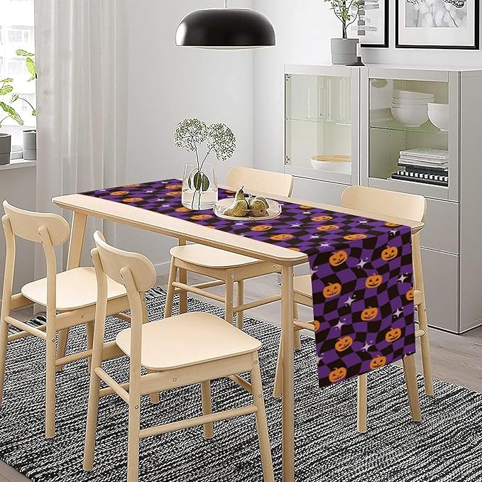 Halloween Table Runner,Purple Checkered Pumpkin Table Runner for Kitchen Dining Table Decoration Home Party Decor 13x36 Inch