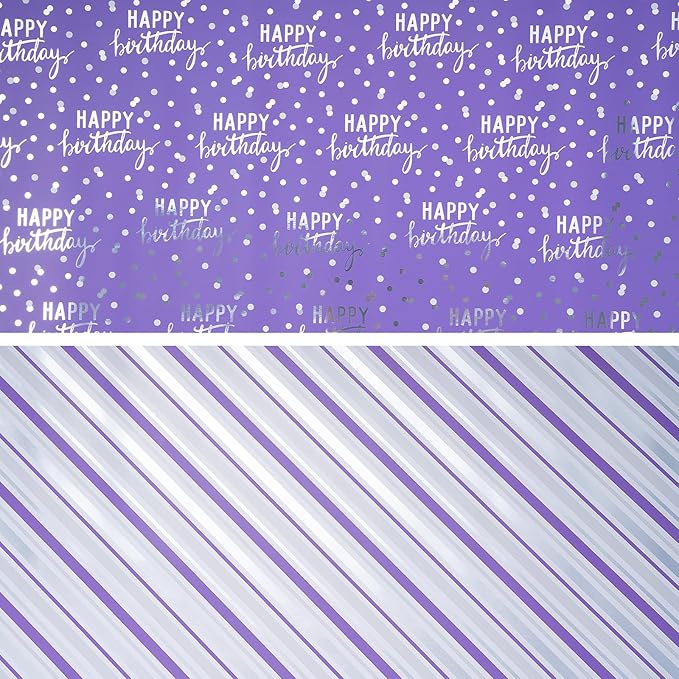 LeZakaa Purple Birthday Wrapping Paper Roll for Girls Women, Happy Birthday Lettering & Stripe Reversible, Metallic Foil, Large Roll, 30 inches x 32.8 Feet (92.9 sq.ft.)