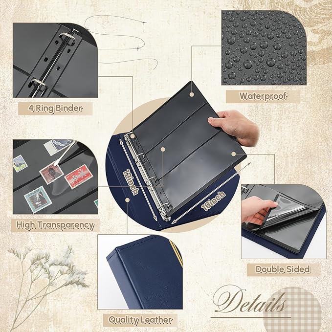 Lewtemi Stamp Collecting Albums Set Stamp Collection Book Include 20 Pages Album Binder Tweezer and Loop Magnifier Collecting Supplies for Collectors(Blue,1/2/3/4 Rows)