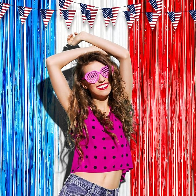 2 Pack Red White and Blue Foil Fringe Backdrop Curtains, Tinsel Streamers Party Decorations, Fringe Backdrop for Patriotic, Memorial Day, 4th of July, Independence Day