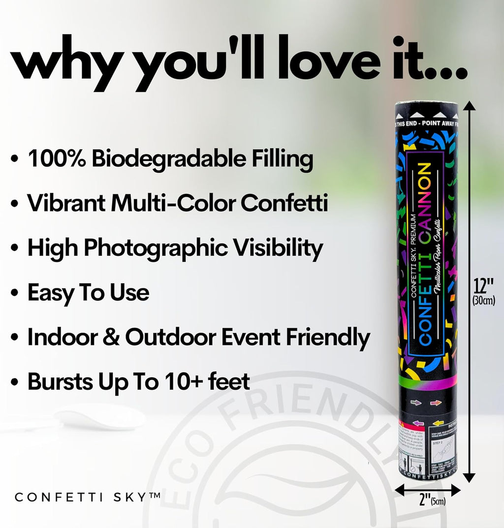 Confetti Sky [6 Pack] 12 Inch Confetti Cannons | Multicolor Confetti Poppers for Wedding Celebration, Birthday Party, Pranks, Graduation, Christmas Eve and New Year Celebration