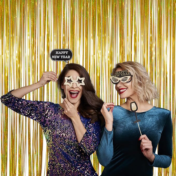Foil Fringe Curtains Happy Retirement Decorations - Melsan 3 Pack 3.2 x 8.2 ft Gold Tinsel Curtain Party Photo Backdrop for Birthday Party Baby Shower or Graduation