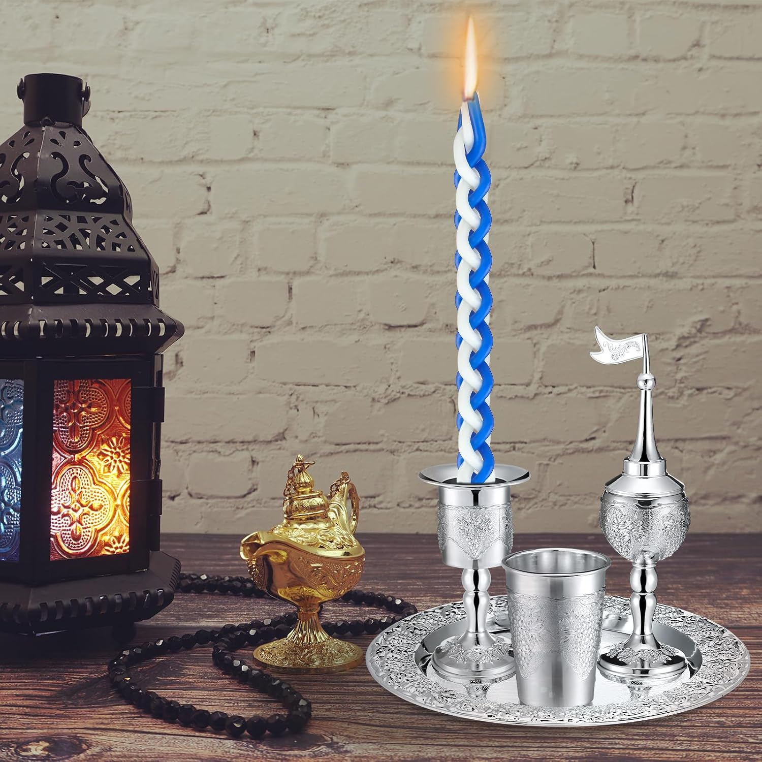 Mumufy 9 Pcs Shabbat Havdalah Set Include Havdualah Candle Holder Kiddush Cup Spice Box Goblet Silver Plate with 5 Pcs Havdalah Candle for Shabbat Judaica Decoration