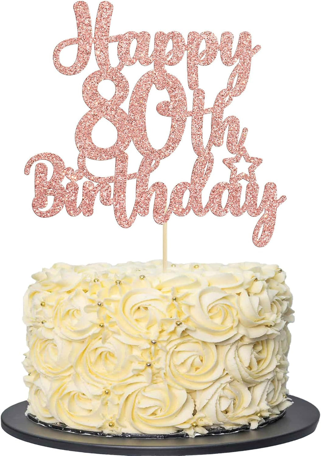 Gyufise 1Pc Happy 80th Birthday Cake Topper Glitter Cheers to 80 Years Old Birthday Cake Pick for Happy 80th Birthday Anniversary Party Cake Decorations Supplies Rose Gold