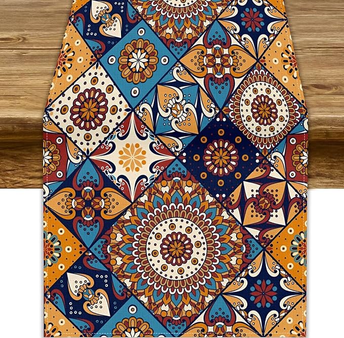 Vintage Mandala Table Runner, Bohemian Brown Blue Tile Traditional Indian Flowers Table Runner for Kitchen Dining Table Office Wedding Party Holiday Home Decor, 13x70inch