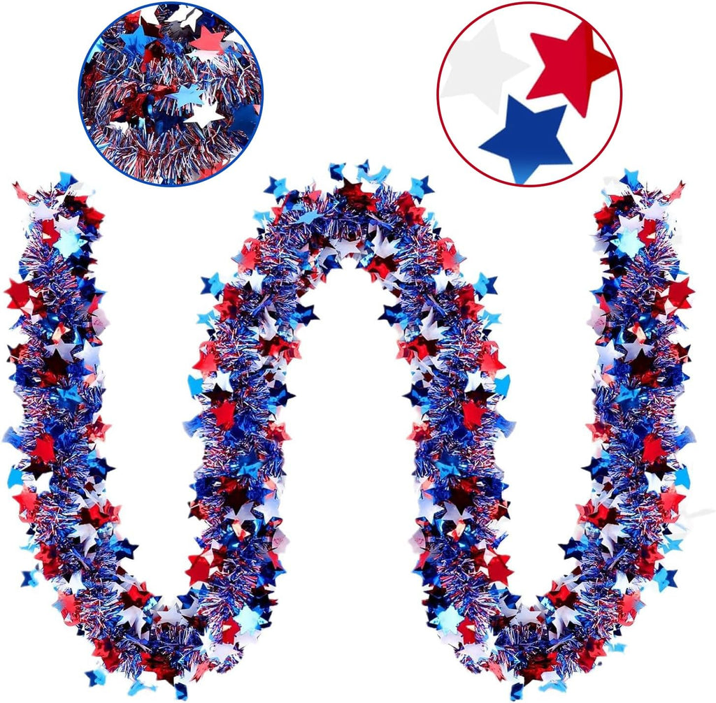50Ft Metallic Glitter Stars 4th of July Garland Decorations,USA 250th Anniversary Patriotic Independence Memorial Day Decor for Tree Mantle Yard Door Parade Car Table Indoor Outdoor Holiday Party