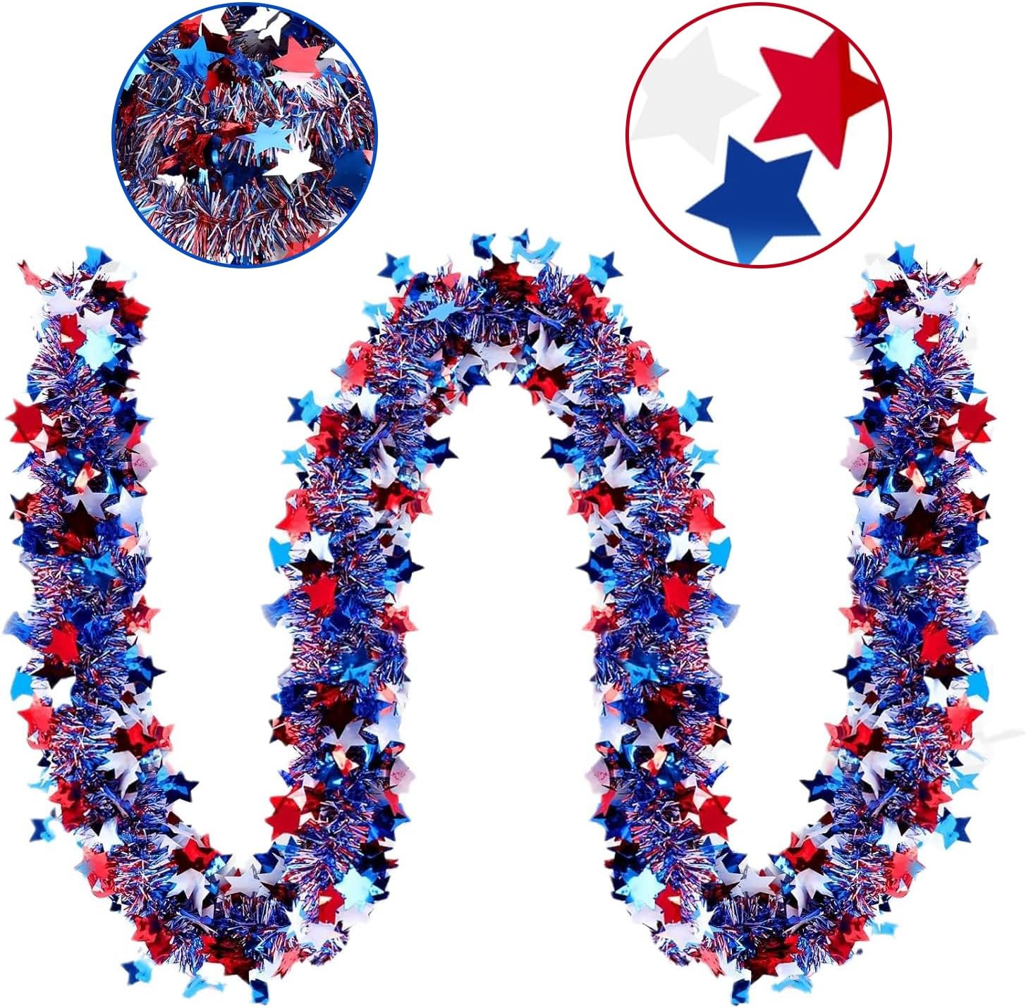 50Ft Metallic Glitter Stars 4th of July Garland Decorations,USA 250th Anniversary Patriotic Independence Memorial Day Decor for Tree Mantle Yard Door Parade Car Table Indoor Outdoor Holiday Party