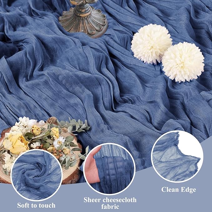 Asee'm 2pcs Cheesecloth Table Runner 120 Inches Long Blue Boho Gauze Cheese Cloth Runner 10FT Rustic Sheer Table Runners for Christmas Wedding Party Baby Shower Spring Easter Decoration