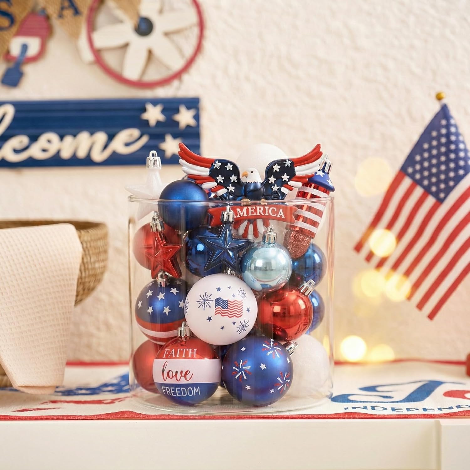 Valery Madelyn 4th of July Tree Decorations for Patriotic Memorial Day Eagle Ornaments, 35Pcs Red White Blue Shatterproof Americana Hanging Ball Decor for Independence Day USA 250th Anniversary
