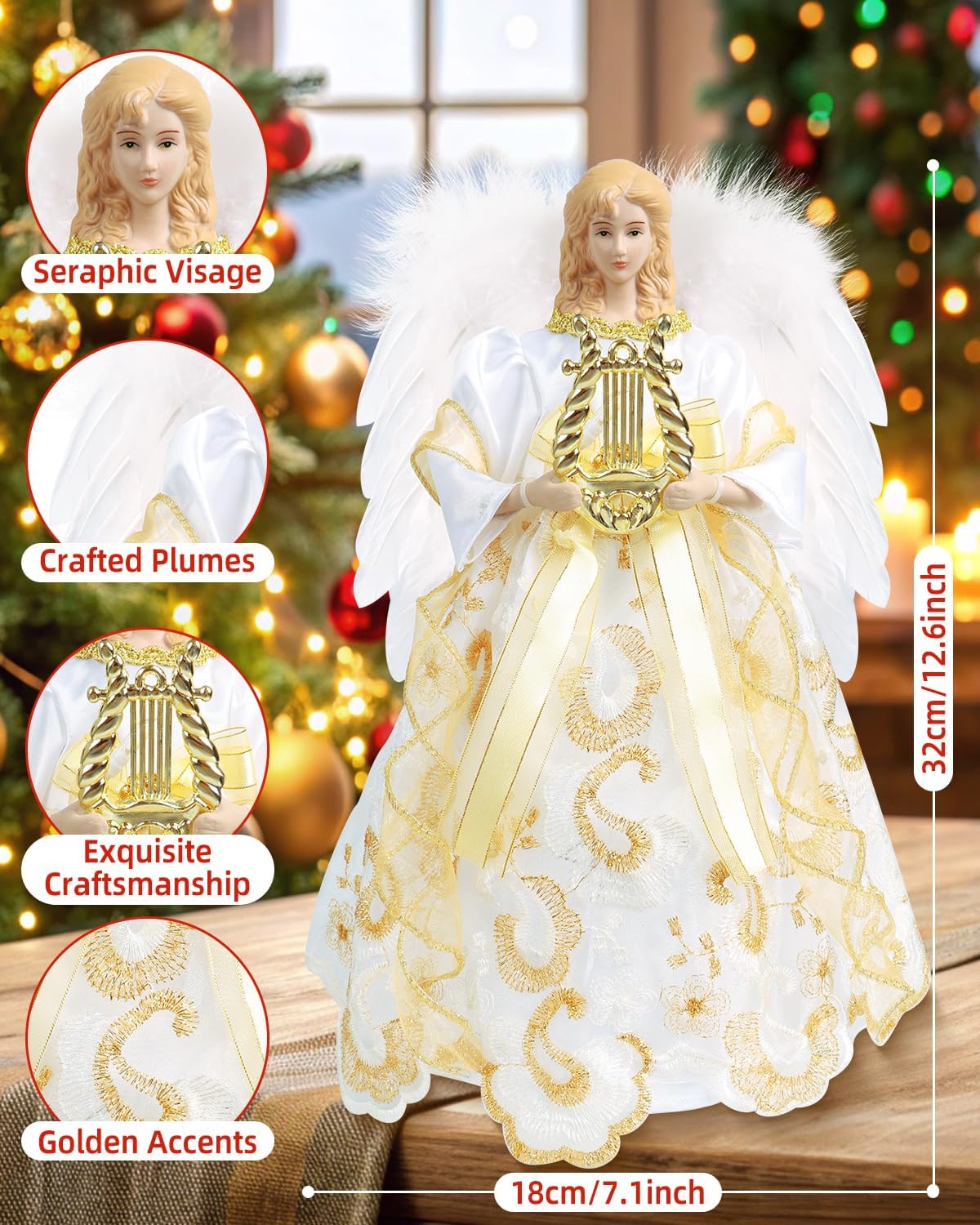 Angel Tree Topper with Lights, 12'' Christmas Tree Topper Angel, Battery Operated Lighted Treetop Ornaments, Elegant Christmas Tree Decorations for Indoor Office Holiday