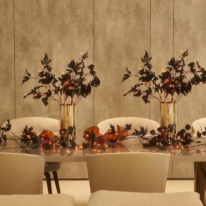Fudios Halloween Black Branch Lights with Maple Leaves 120LED 32IN Battery Operated Thanksgiving Indoor Artificial Lighted Twig Branches with Timer Warm White and Orange Lights