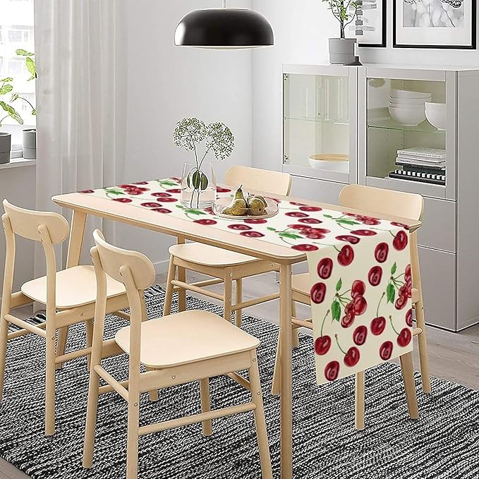 Red Cherry Table Runner Watercolor Tropical Fruit Spring Summer Wild Berry Dinner Runner for Girl Baby Shower Party Holiday Home Kitchen Dining Table Decor 13x70