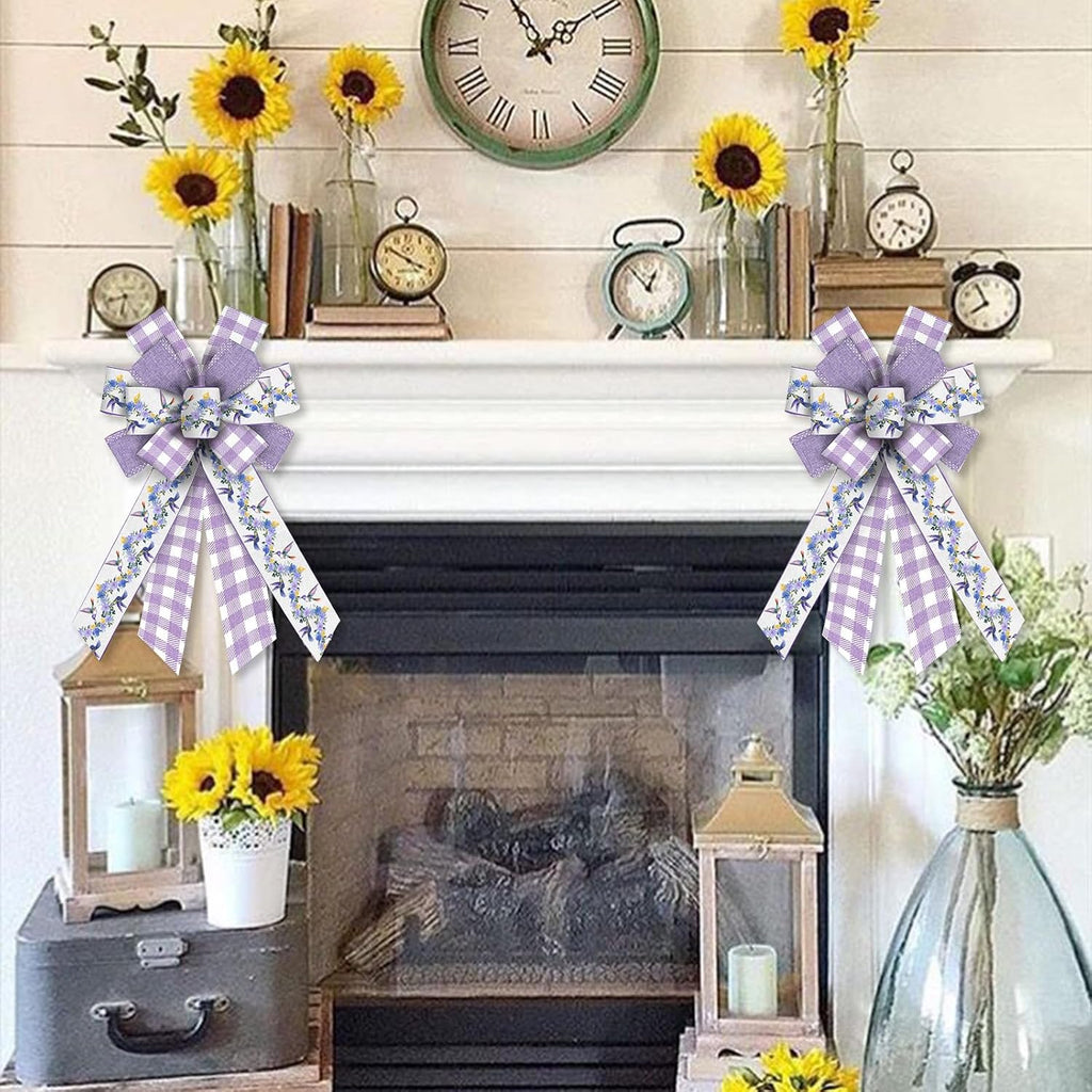 Estivaux Spring Flowers Bows for Wreath, Lavender Floral Wreath Bow Purple Burlap Farmhouse Craft Bows for Front Door Decorations