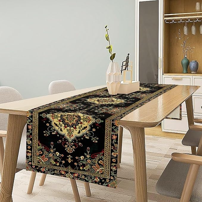 Colorful Boho Flower Table Runner, Vintage Rustic Farmhouse Paisley Hand Drawing Print Pattern for Home Kitchen Table Decor Dining Coffee Room Garden Party Decor 13x108in