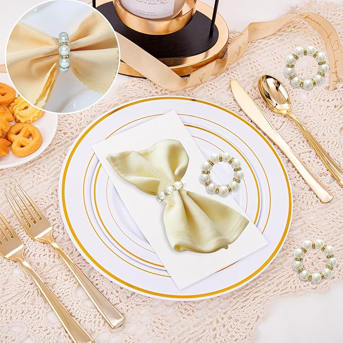 100 Pcs Gold Disposable Napkin Rings, Delicate Pearl Napkin Ring Holder, White & Golden Beaded Serviette Buckles for Formal Wedding Dinner Home Decor Party Supplies