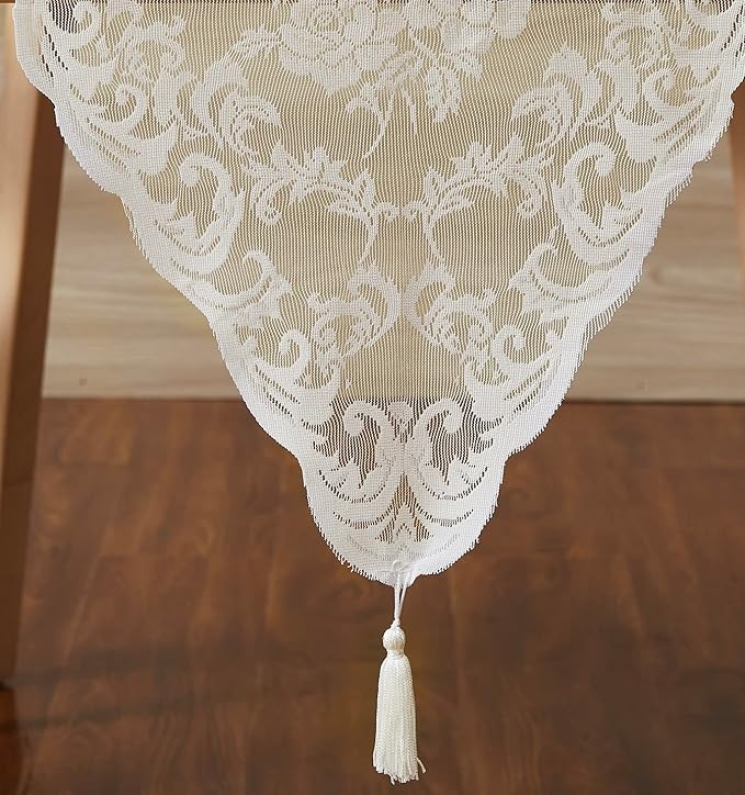LinenZone Ivory Table Runner with 2 Tassels for Rustic Vintage Decor. Lace Table Runner Works Great As Wedding, Thanksgiving, Christmas Decor (Mia 14 x 96, Ivory)