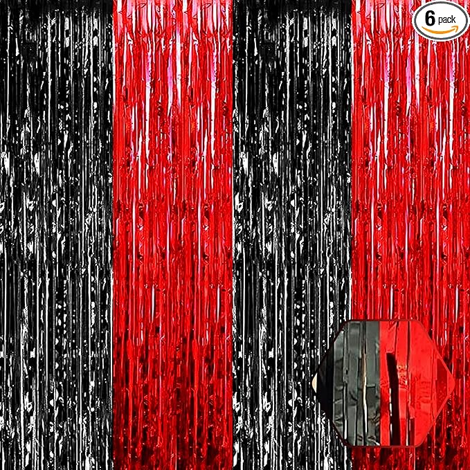 6 Pack Black Red Foil Fringe Curtain Backdrop, 3.28Ft x 8.2Ft Metallic Tinsel Foil Fringe Streamer Curtains for Photo Booth, Birthday, Wedding, New Year Party Decorations