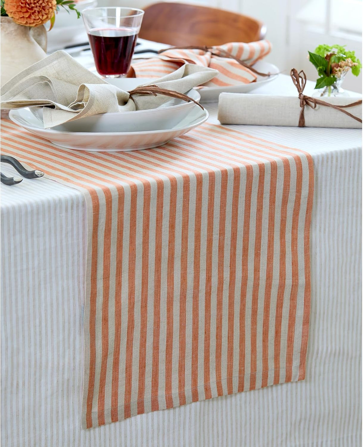 Solino Home 100% Linen Table Runner, 14 x 90 in, Pumpkin and Natural Stripe