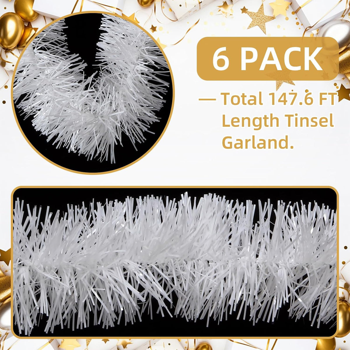 150 ft white tinsel garland christmas holiday tinsel, side view
