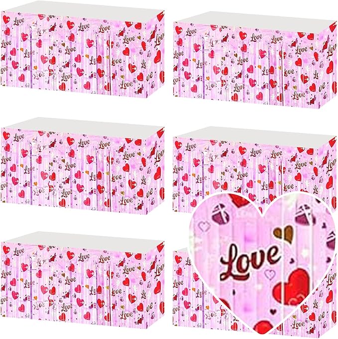 6 Pack 29x108 Inch Love Pink Wave Foil Fringe Table Skirts Metallic Banner for Tinsel Streamer Garland Backdrop for Parade Floats Wedding Mother's Day, Birthday Mardi Gras Party Decorations