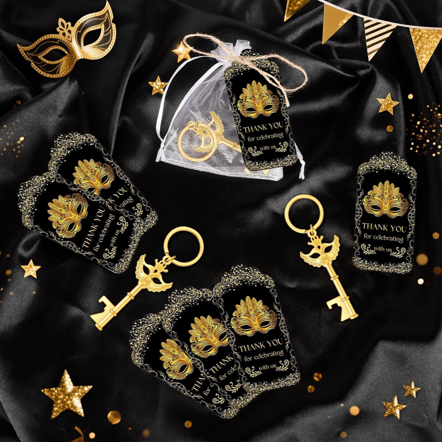 50Pcs Crown Mask Bottle Openers, Masquerade Party Wedding Favors Gifts Bulk | Zinc Alloy, Organza Bags, Thank You Tags, Masquerade Party, Weddings, Bridal Showers, Guest Return Gifts