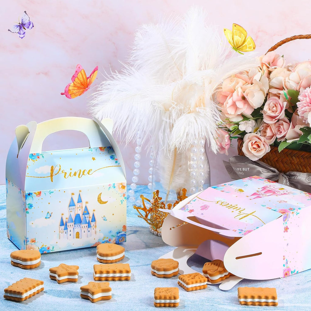 Nezyo 60 Pcs Princess and Prince Treat Boxes - Pink & Blue Crown Cardboard Goodie Boxes for Birthday Party Favors (Prince and Princess)