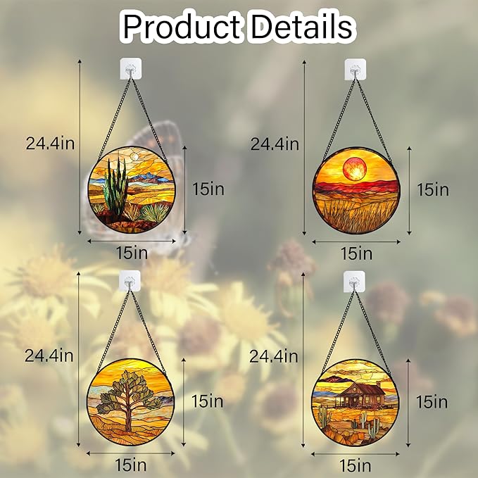 Stained Glass Window Hanging 4 Pcs Set Desert Sunset Theme Landscape Large 15" - Suncatcher Door Garden Sun Catcher Decor Birthday Christmas for Mom Woman Nana Men