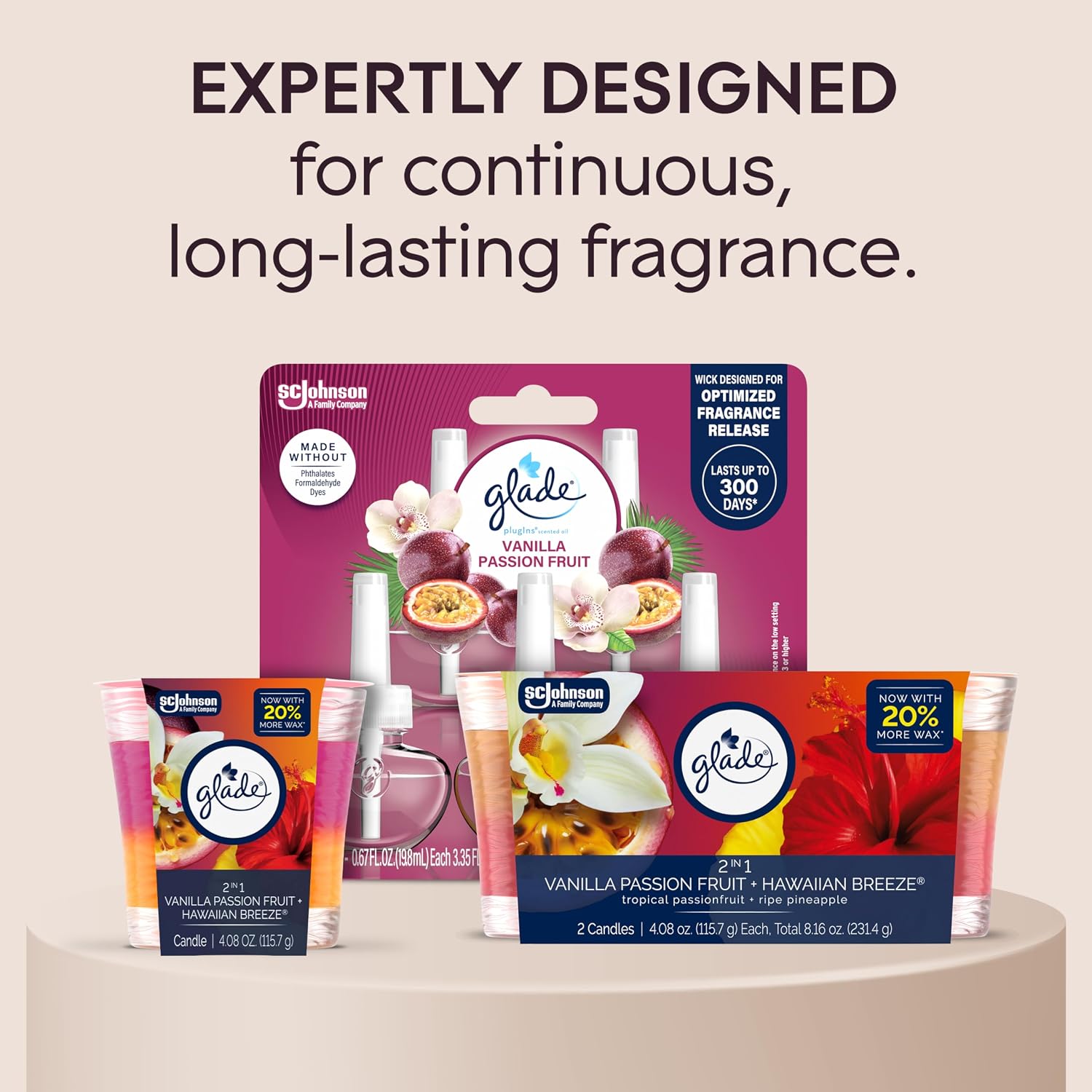 Glade 1-Wick 2in1 Scented Candle Jar, Hawaiian Breeze & Vanilla Passion Fruit, Air Freshener Infused with Essential Oils, 4.08 Oz, 2 Count
