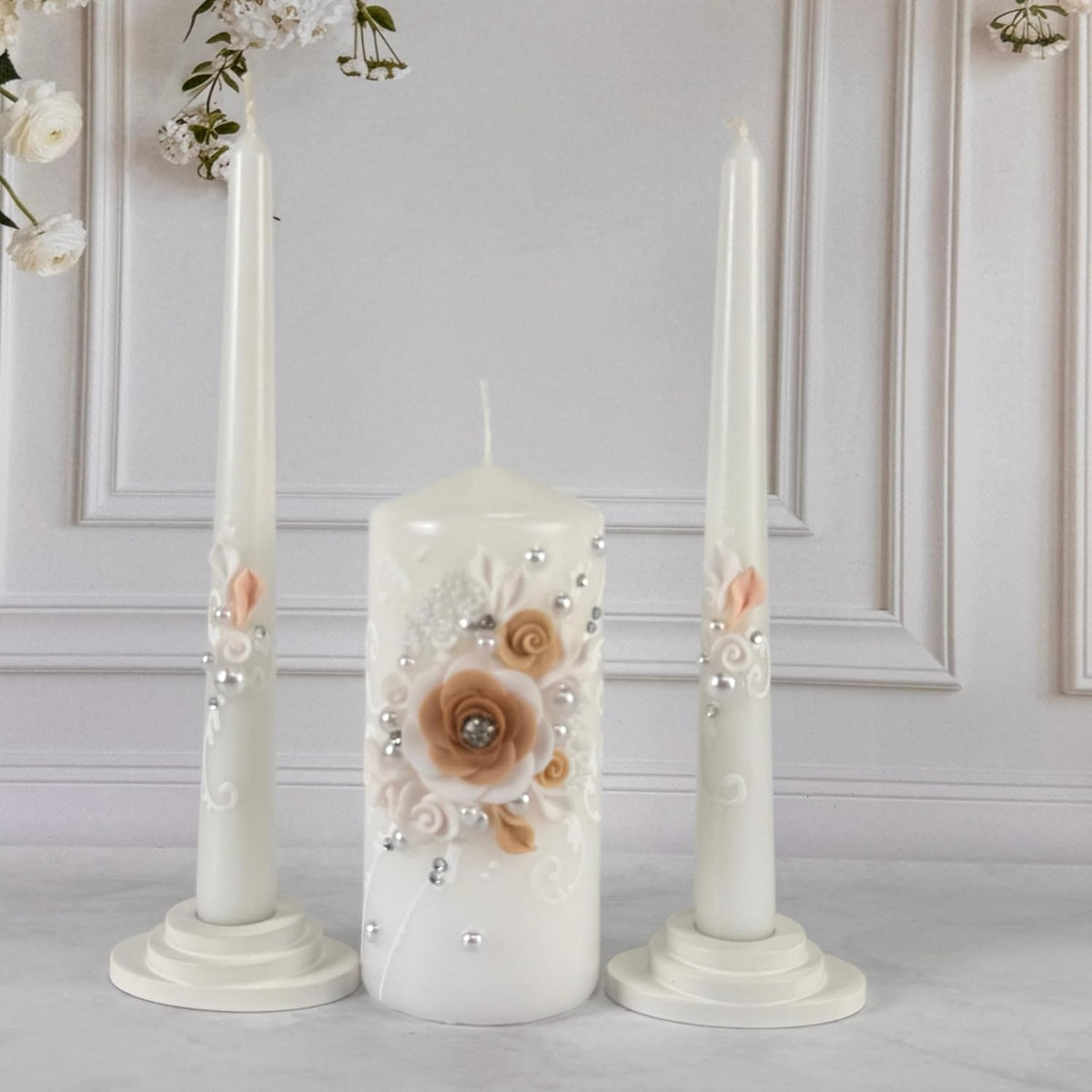 Unity Candle Set for Wedding Ceremony, Champagne Bloom, Handmade Unity Candle...