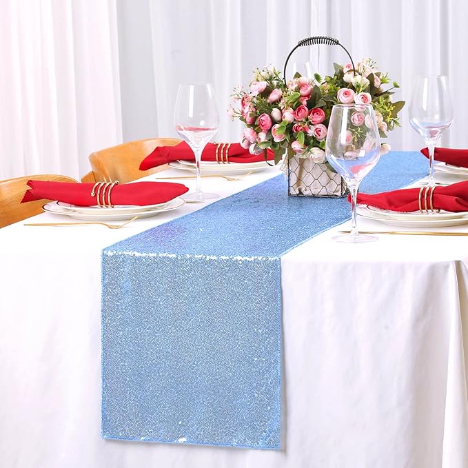 SoarDream Baby Blue Table Runner 10 Pieces 12x72 Inches Sequin Fabric Glitter Table Runner for Party Holiday Birthday Wedding Baby Shower Supplies Decorations
