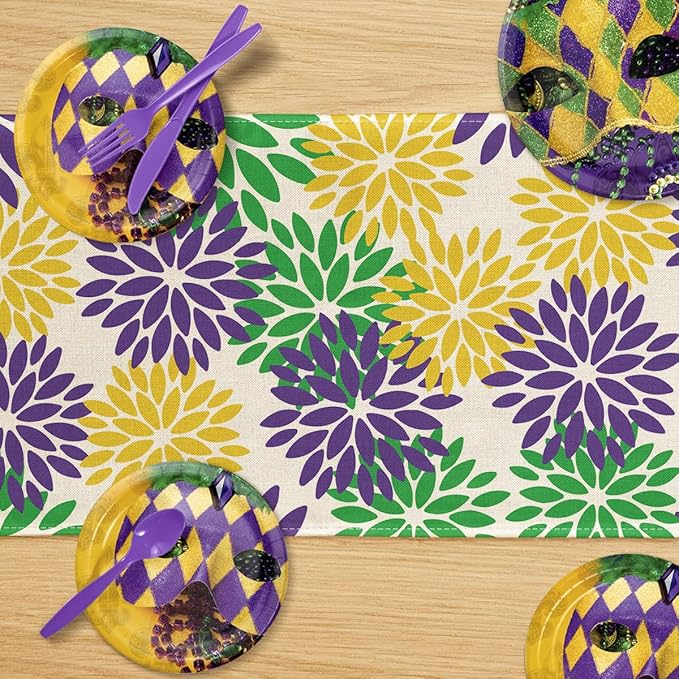 Artoid Mode Purple Dahlia Floral Pinnata Mardi Gras Table Runner, Carnival Seasonal Kitchen Dining Table Decoration for Home Party Decor 13x72 Inch