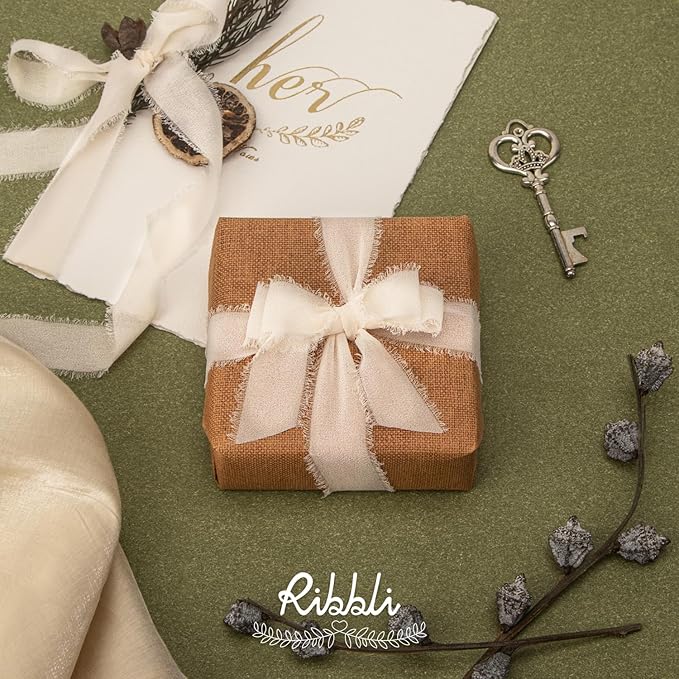 Ribbli Nude Ribbon 1 Inch x 3 Rolls Total 24 Yards Cream/Nude/Beige Handmade Fringe Chiffon Silk Ribbon for Wrapping Wedding Invitations Bridal Bouquets DIY Crafts Home Decor