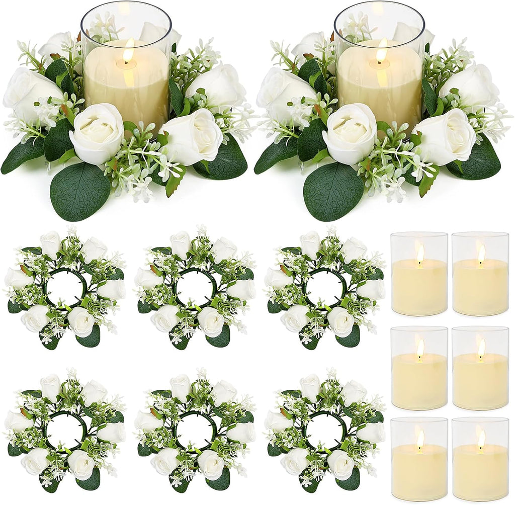 White Rose Candle Rings with Flameless Candles Sets - 12PCS Artificial Flower Eucalyptus Wedding Centerpiece 3 Inch Pillar Candleholders Wreaths for Wedding Party Decor (White - 6 Sets)